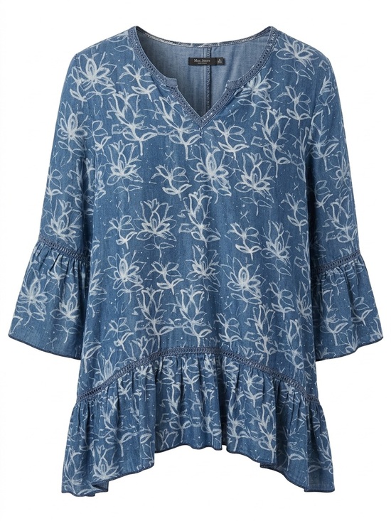 Max Jeans Tops - Max Jeans Blue Denim Look Floral Ruffle Bell Sleeve Tunic Top Size Large